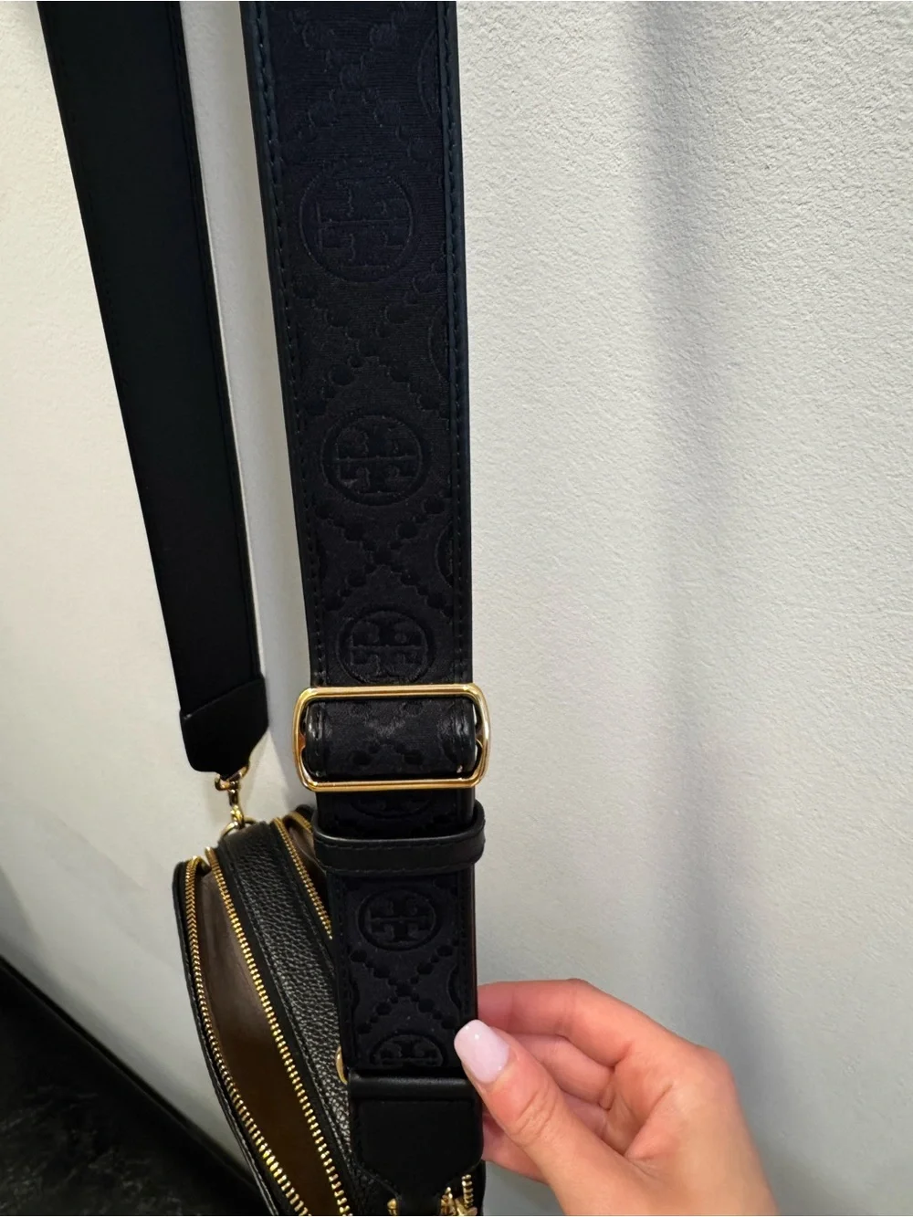 Tory Burch Black Pebbled Leather Crossbody Camera Bag with Gold Hardware